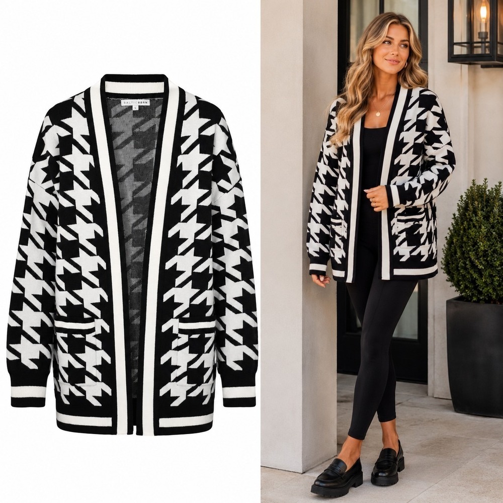 Baltic Born Cardigan Sweater L Black White Houndstooth Open Preppy Academia
